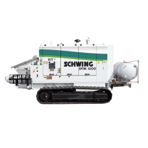 Front view of the Schwing SPTM 1000 with a track-mounted undercarriage.
