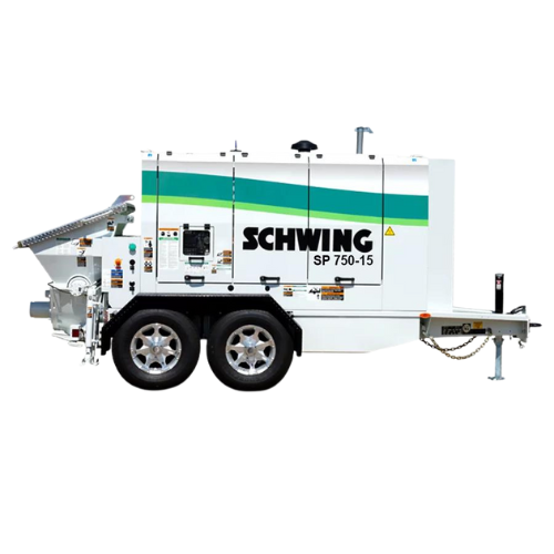 Schwing SP750-15 Trailer-Mounted Concrete Pump in action on a construction site